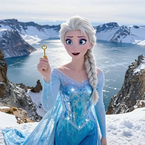Digital CGI of Elsa from Frozen holding a golden key, standing in snowy mountain landscape, wearing shimmering blue ice palace gown.