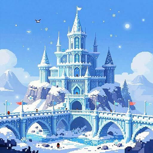 Pixel Art Ice Fortress in Winter