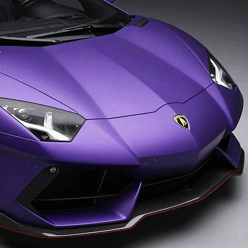Photograph of a sleek, purple Lamborghini sports car, front view, showing sharp headlights, aggressive design, and a prominent yellow Lamborghini logo.