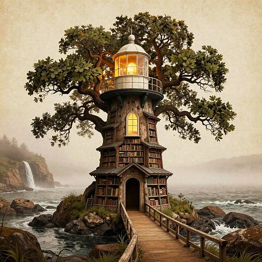 Salt-Crusted Lighthouse Library on Coastal Oak