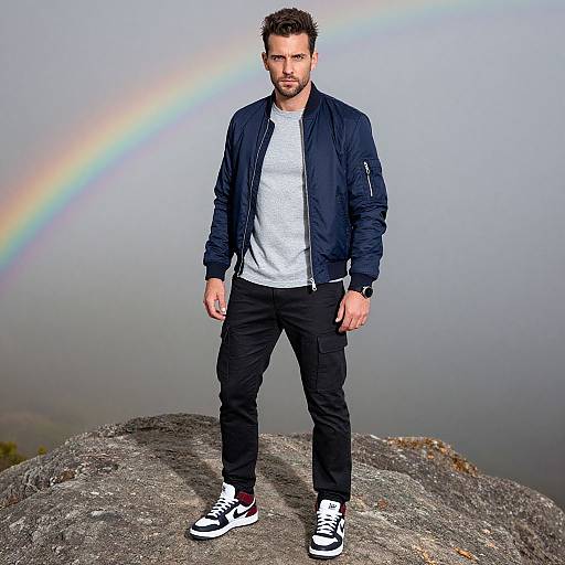 Photograph of a bearded man with short brown hair, wearing a navy jacket, grey shirt, black pants, and black-and-white sneakers, standing