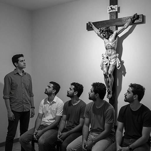 Men Observing Crucifix in Room