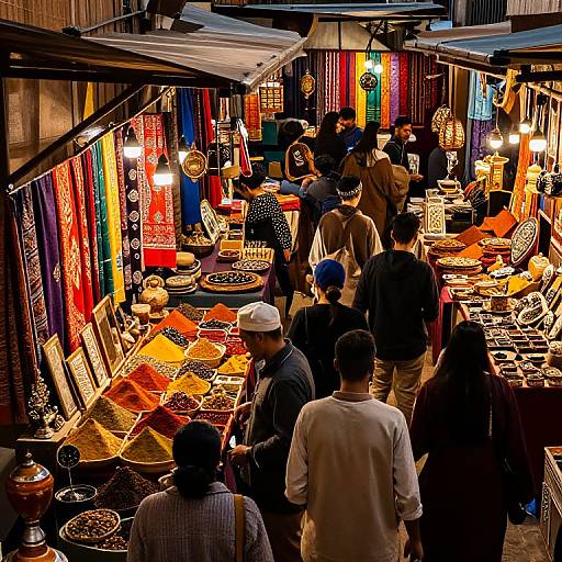 Photograph of a bustling, colorful indoor market stall with vibrant textiles, illuminated by hanging lights, and diverse shoppers browsing spices and goods.