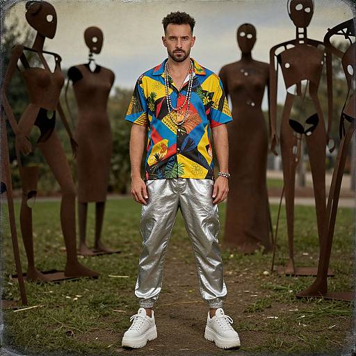 Confident Man in Vibrant Sculpture Garden