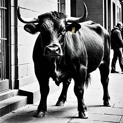Black Bull Standing on Urban Sidewalk