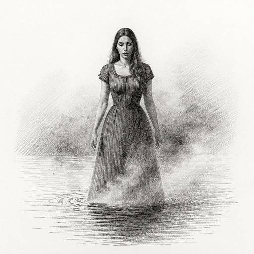 Monochromatic pencil drawing of a solemn woman with long hair, wearing a dark, Victorian-style dress, standing in rippling water.