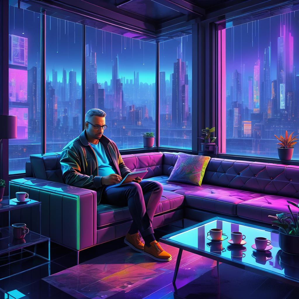 Cozy Cyberpunk Scene with a Man and Dog