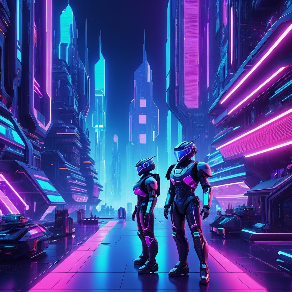 Futuristic Robot in Neon Cityscape