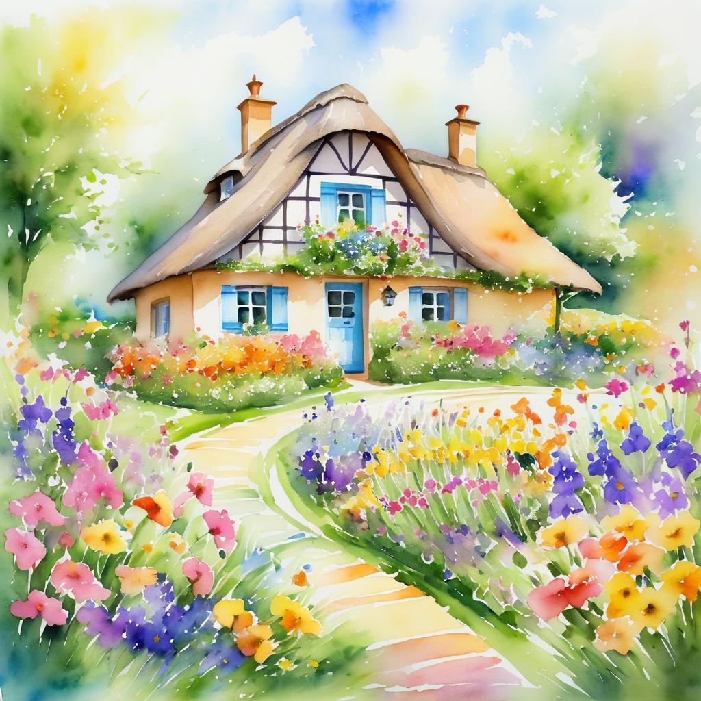 Whimsical Watercolor Cottage in Blooming Garden