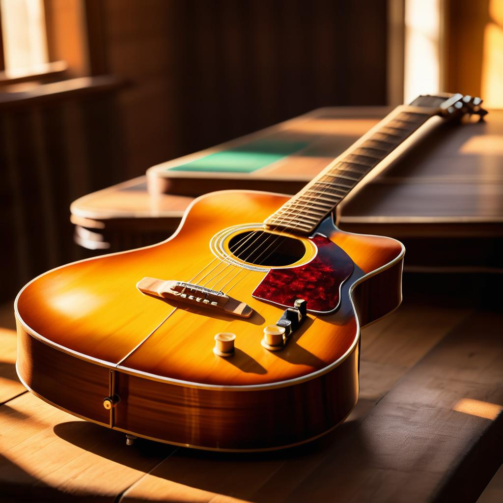 Vintage Guitar on Rustic Table Shot