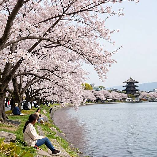 Photograph of a serene cherry blossom-lined riverside, with a woman in a white jacket sitting on the grass, traditional pagoda in the background.