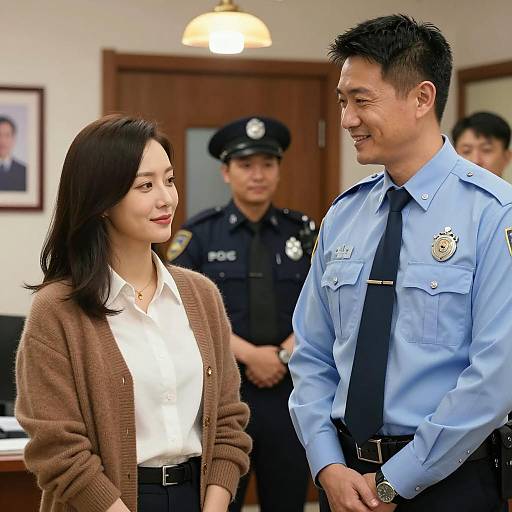 Smiling Police Officer and Woman in Office