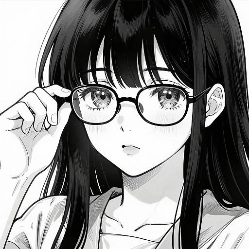 Black-and-white anime-style drawing of a young woman with long black hair, large round glasses, and a slight blush, adjusting her glasses with a gentle