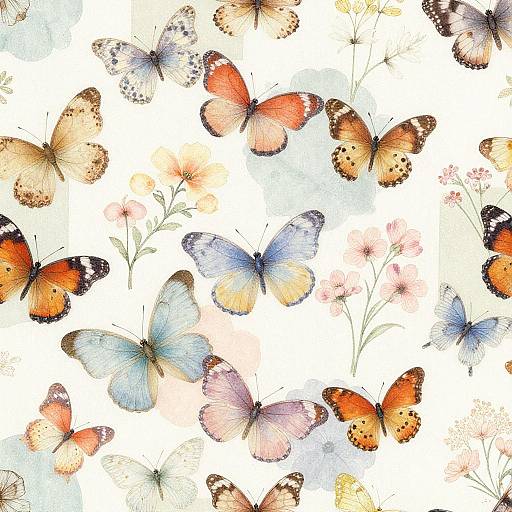 Watercolor illustration of various colorful butterflies with orange, blue, and white wings, surrounded by delicate pink flowers on a white background.
