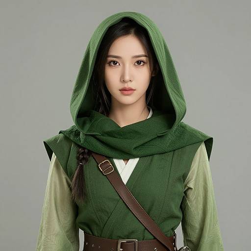 Female Warrior in Green Hooded Outfit