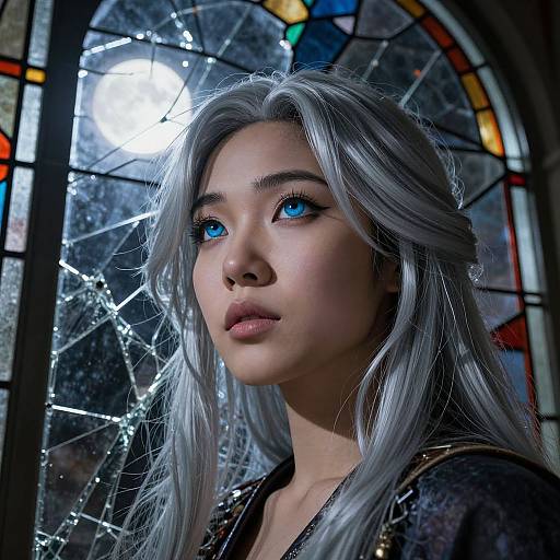 Photorealistic digital portrait of an Asian woman with silver hair, striking blue eyes, and delicate features, standing in front of a stained glass window with