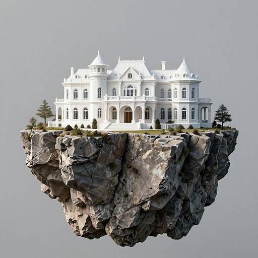 Photorealistic CGI: Grand white mansion with intricate architecture floats on a rocky cliff against a clear, pale blue sky.