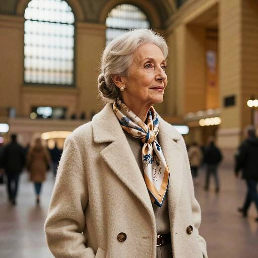 Elegant elderly woman with half knot hairstyle in train station