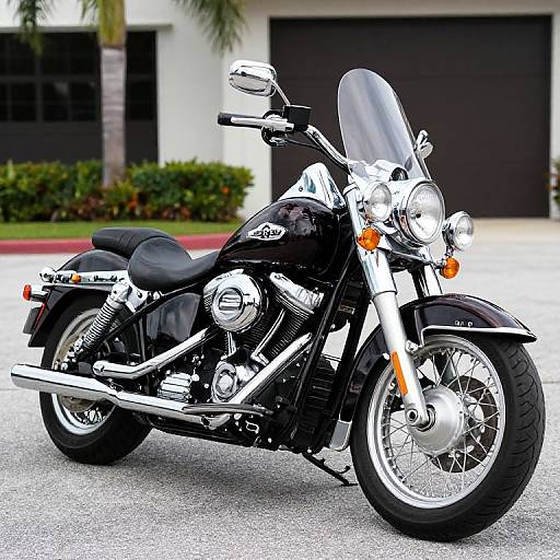 Photograph of a sleek black Harley-Davidson motorcycle with chrome accents, large windshield, and black leather seat, parked on a street with a modern