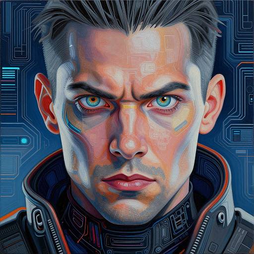 Digital artwork of a serious, blue-eyed man with short, dark hair, wearing a high-tech, black and orange jacket. Neon circuit patterns overlay his