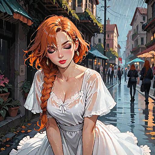 Digital art of a red-haired woman with closed eyes, wearing a white dress, standing in a rainy, cobblestone street with buildings and people in