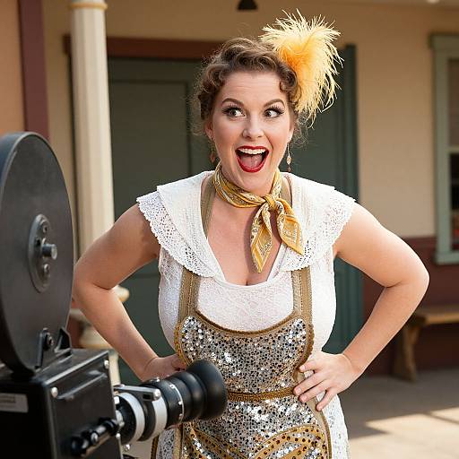 Photograph of a smiling woman in 1920s attire, sequined dress, yellow feathered headpiece, white lace blouse, and yellow scarf