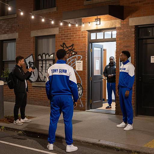 Vibrant Nighttime Street Scene with Men