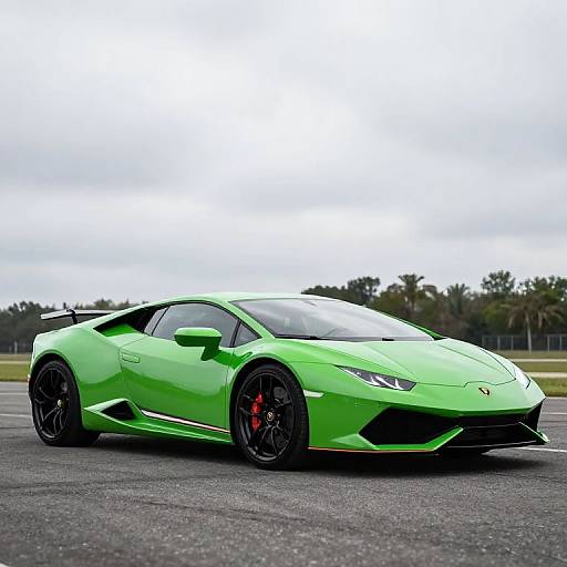 Photograph of a vibrant lime green Lamborghini Aventador with black rims and red brake calipers, parked on a gray asphalt surface with a cloudy