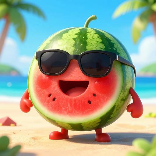 Smiling Watermelon Character at Beach