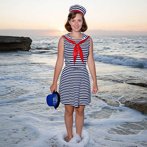 Photograph of a smiling woman in a striped sailor dress with red bow, matching hat, and blue hat, standing in ocean waves at sunset.