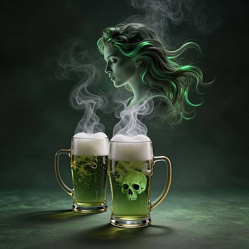 Photograph of two steaming beer mugs with skull designs, green-tinged smoke, and a ghostly green-haired woman profile in background.