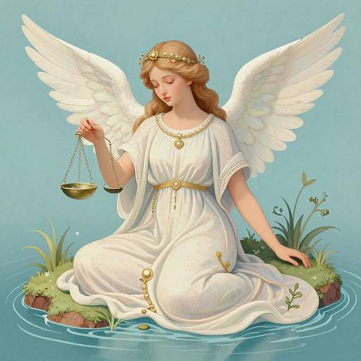 Digital artwork of a blonde angelic woman with white wings, wearing a white dress, holding a balance scale, kneeling on a grassy island in a