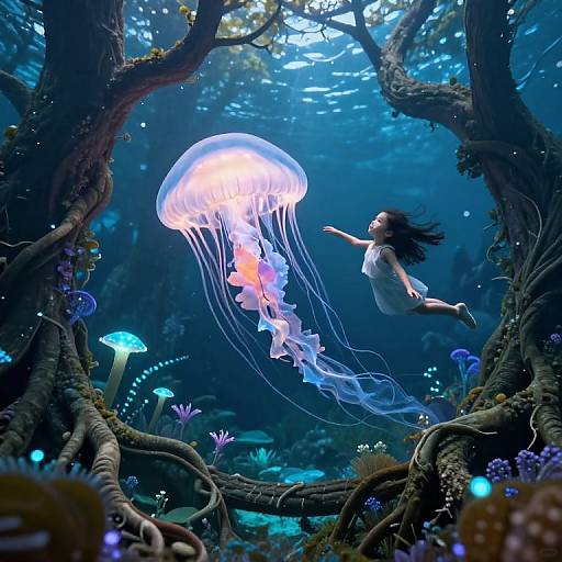 A magical underwater scene featuring a girl with flowing black hair, wearing a white dress, floating beside a glowing jellyfish amidst twisted, moss-covered trees and