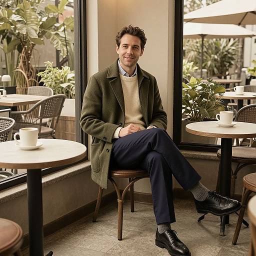 Photograph of a smiling man with dark hair, olive green coat, navy pants, and grey socks, seated at a café table.