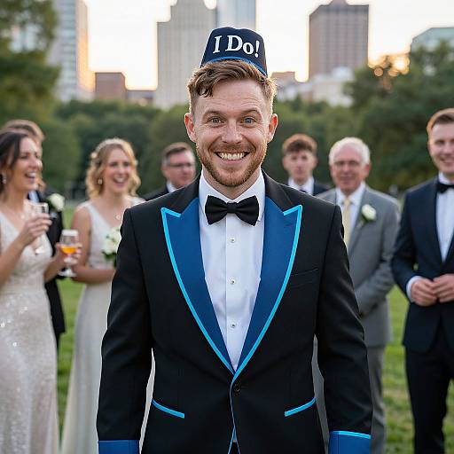 Photograph of a smiling man in a black tuxedo with blue trim, 