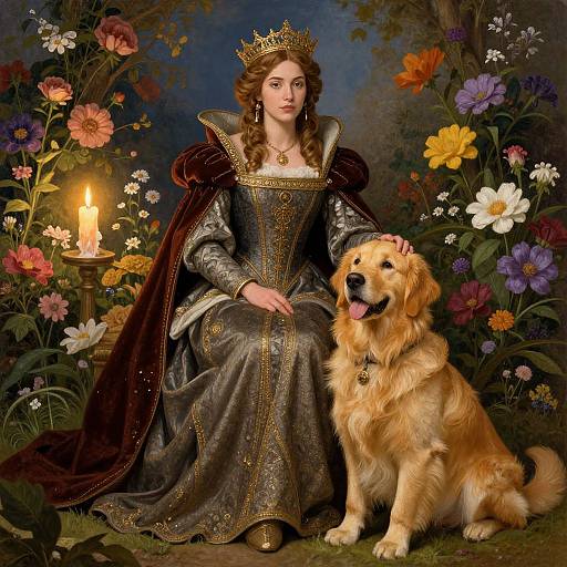 Digital painting: Queen with golden crown, ornate gown, and dark velvet cape, sitting beside a golden retriever, surrounded by vibrant flowers, candle