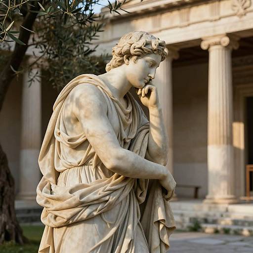 Photograph of a classical marble statue of a contemplative woman with detailed drapery, standing in front of ancient Greek columns and olive tree.