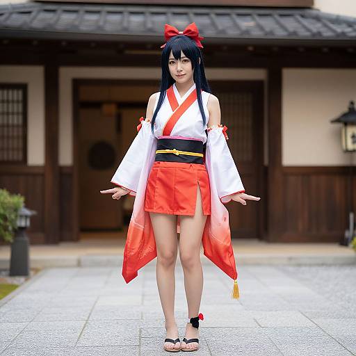 Digital anime-style photograph of a young woman with long black hair, red bow, white and red kimono, red skirt, black sandals, standing in
