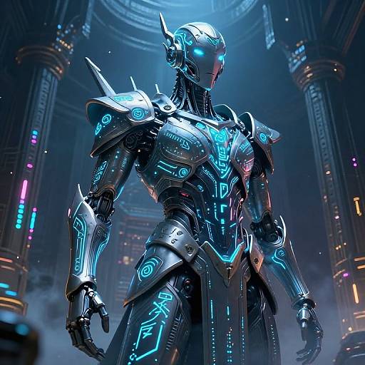 CGI image of a futuristic, glowing blue-armored humanoid robot with intricate circuitry patterns, standing in a neon-lit, cylindrical, sci-fi