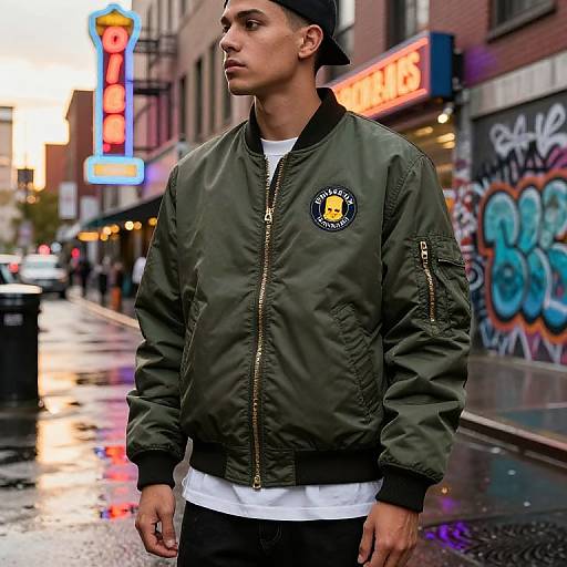 Photograph of a young man with light skin, wearing a green bomber jacket, black beanie, and white shirt, standing on a wet urban street