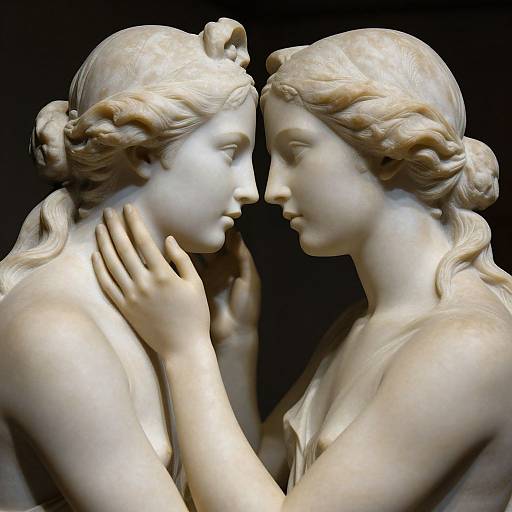 Photograph of a classical marble sculpture depicting two tenderly facing, bare-shouldered women with intricate hairstyles, their hands gently touching.
