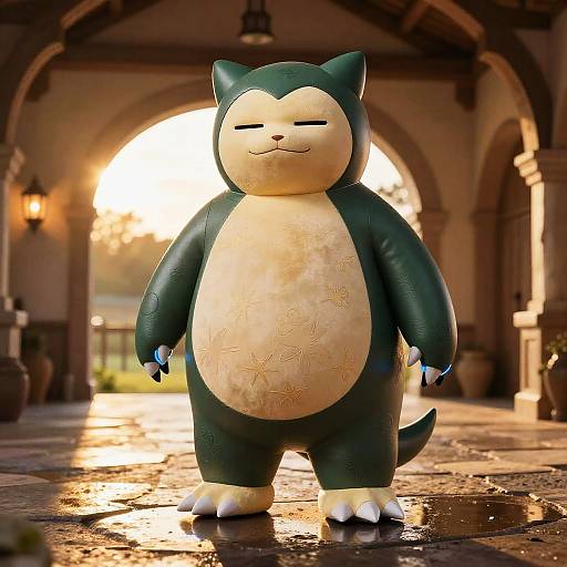 Detailed Snorlax Cosplay in Rustic Barn