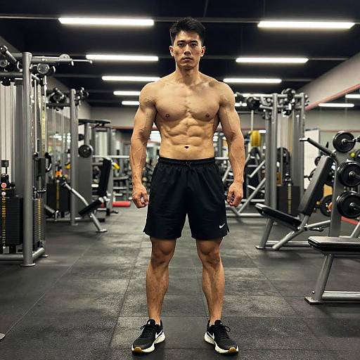 Photograph of a muscular, shirtless East Asian man in black shorts and sneakers, standing in a well-equipped, brightly lit gym.