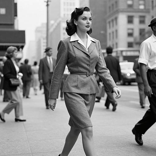 Black-and-white photograph of a 1950s-style woman in a tailored suit and pearl earrings, confidently walking through a bustling city street with blurred pedestrians