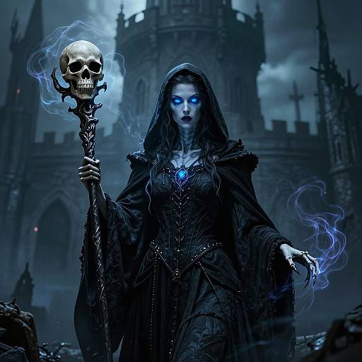 Digital artwork of a dark, blue-eyes, glowing-skulled witch in black gothic robes, holding a skull-topped staff, with eerie blue