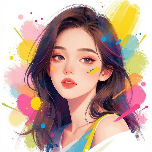 Digital illustration of a beautiful young Asian woman with long, dark brown hair, soft pink lips, and delicate features, set against a vibrant, colorful spl