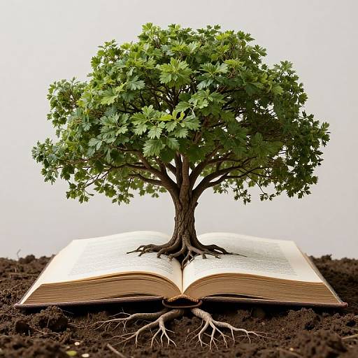 Photograph of a small, leafy tree with exposed roots, growing from an open, large book on dark soil.