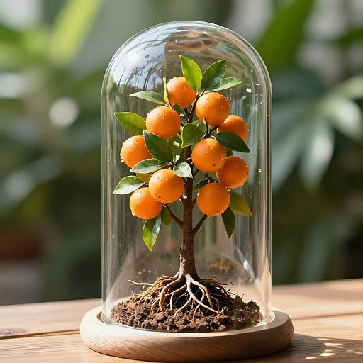 Photograph of an orange tree with bright orange fruit and green leaves, enclosed in a clear glass dome, displayed on a wooden base, set against a