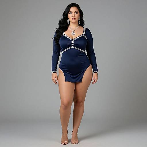 Photograph of a curvy woman with long black hair wearing a navy blue, long-sleeve, high-cut dress with white trim, barefoot