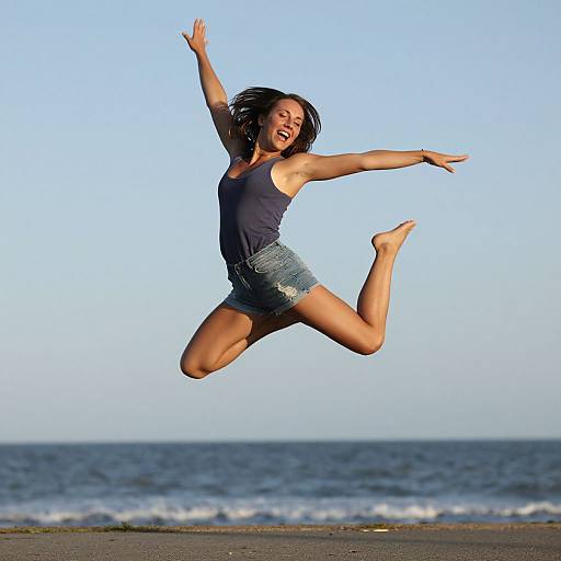 Joyful Woman Jumping by the Coast